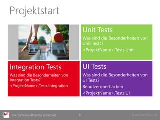 Projektstart
                                            Unit Tests
                                            Was sind die Besonderheiten von
                                            Unit Tests?
                                            <ProjektName>.Tests.Unit



Integration Tests                           UI Tests
Was sind die Besonderheiten von             Was sind die Besonderheiten von
Integration Tests?                          UI Tests?
<ProjektName>.Tests.Integration             Benutzeroberflächen
                                            <ProjektName>.Tests.UI



 Ihre Software effizienter entwickelt   9                          © AIT GmbH & Co. KG
 