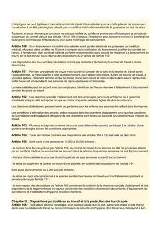 L'employeur ne peut également rompre le contrat de travail d'une salariée au cours de la période de suspension
consécutive à un état pathologique attesté par un certificat médical et résultant de la grossesse ou des couches.
Toutefois, et sous réserve que la rupture ne soit pas notifiée ou qu'elle ne prenne pas effet pendant la période de
suspension du contrat prévue aux articles 154 et 156 ci-dessus, l'employeur peut rompre le contrat s'il justifie d'une
faute grave commise par l'intéressée ou d'un autre motif légal de licenciement.
Article 160 : Si un licenciement est notifié à la salariée avant qu'elle atteste de sa grossesse par certificat
médical, elle peut, dans un délai de 15 jours à compter de la notification du licenciement, justifier de son état par
l'envoi, à l'employeur, d'un certificat médical par lettre recommandée avec accusé de réception. Le licenciement se
trouve de ce fait annulé, sous réserve des dispositions du 2e
alinéa de l'article 159.
Les dispositions des deux articles précédents ne font pas obstacle à l'échéance du contrat de travail à durée
déterminée.
Article 161 : Pendant une période de douze mois courant à compter de la date de la reprise du travail après
l'accouchement, la mère salariée a droit quotidiennement, pour allaiter son enfant, durant les heures de travail, à
un repos spécial, rémunéré comme temps de travail, d'une demi-heure le matin et d'une demi-heure l'après-midi.
Cette heure est indépendante des périodes de repos appliquées à l'entreprise.
La mère salariée peut, en accord avec son employeur, bénéficier de l'heure réservée à l'allaitement à tout moment
pendant les jours de travail.
Article 162 : Une chambre spéciale d'allaitement doit être aménagée dans toute entreprise ou à proximité
immédiate lorsque cette entreprise occupe au moins cinquante salariées âgées de plus de seize ans.
Les chambres d'allaitement peuvent servir de garderies pour les enfants des salariées travaillant dans l'entreprise.
Les conditions d'admission des enfants, celles requises dans les chambres d'allaitement ainsi que les conditions
de surveillance et d'installations d'hygiène de ces chambres sont fixées par l'autorité gouvernementale chargée du
travail.
Article 163 : Plusieurs entreprises voisines dans une zone déterminée peuvent contribuer à la création d'une
garderie aménagée suivant les conditions appropriées.
Article 164 : Toute convention contraire aux dispositions des articles 152 à 163 est nulle de plein droit.
Article 165 : Sont punis d'une amende de 10.000 à 20.000 dirhams :
- la rupture, hors les cas prévus par l'article 159, du contrat de travail d'une salariée en état de grossesse attesté
par un certificat médical ou en couches se trouvant dans la période de quatorze semaines qui suit l'accouchement ;
- l'emploi d'une salariée en couches durant la période de sept semaines suivant l'accouchement ;
- le refus de suspendre le contrat de travail d'une salariée, en violation des dispositions de l'article 154.
Sont punis d'une amende de 2.000 à 5.000 dirhams :
- le refus de repos spécial accordé à la salariée pendant les heures de travail aux fins d'allaitement pendant la
période prévue par l'article 161 ;
- le non-respect des dispositions de l'article 162 concernant la création de la chambre spéciale d'allaitement et des
dispositions de la réglementation en vigueur concernant les conditions d'admission des enfants, d'équipement, de
surveillance et d'installations d'hygiène desdites chambres.
Chapitre IlI : Dispositions particulières au travail et à la protection des handicapés
Article 166 : Tout salarié devenu handicapé, pour quelque cause que ce soit, garde son emploi et est chargé,
après avis du médecin de travail ou de la commission de sécurité et d'hygiène, d'un travail qui correspond à son
 