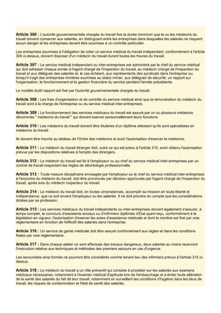 Article 306 : L'autorité gouvernementale chargée du travail fixe la durée minimum que le ou les médecins du
travail doivent consacrer aux salariés, en distinguant entre les entreprises dans lesquelles les salariés ne risquent
aucun danger et les entreprises devant être soumises à un contrôle particulier.
Les entreprises soumises à l'obligation de créer un service médical du travail indépendant, conformément à l'article
304 ci-dessus, doivent disposer d'un médecin du travail durant toutes les heures du travail.
Article 307 : Le service médical indépendant ou inter-entreprises est administré par le chef du service médical
qui doit adresser chaque année à l'agent chargé de l'inspection du travail, au médecin chargé de l'inspection du
travail et aux délégués des salariés et, le cas échéant, aux représentants des syndicats dans l'entreprise ou,
lorsqu'il s'agit des entreprises minières soumises au statut minier, aux délégués de sécurité, un rapport sur
l'organisation, le fonctionnement et la gestion financière du service pendant l'année précédente.
Le modèle dudit rapport est fixé par l'autorité gouvernementale chargée du travail.
Article 308 : Les frais d'organisation et de contrôle du service médical ainsi que la rémunération du médecin du
travail sont à la charge de l'entreprise ou du service médical inter-entreprises.
Article 309 : Le fonctionnement des services médicaux du travail est assuré par un ou plusieurs médecins
dénommés " médecins du travail " qui doivent exercer personnellement leurs fonctions.
Article 310 : Les médecins du travail doivent être titulaires d'un diplôme attestant qu'ils sont spécialistes en
médecine du travail.
Ils doivent être inscrits au tableau de l'Ordre des médecins et avoir l'autorisation d'exercer la médecine.
Article 311 : Le médecin du travail étranger doit, outre ce qui est prévu à l'article 310, avoir obtenu l'autorisation
prévue par les dispositions relatives à l'emploi des étrangers.
Article 312 : Le médecin du travail est lié à l'employeur ou au chef du service médical inter-entreprises par un
contrat de travail respectant les règles de déontologie professionnelle.
Article 313 : Toute mesure disciplinaire envisagée par l'employeur ou le chef du service médical inter-entreprises
à l'encontre du médecin du travail, doit être prononcée par décision approuvée par l'agent chargé de l'inspection du
travail, après avis du médecin inspecteur du travail.
Article 314 : Le médecin du travail doit, en toutes circonstances, accomplir sa mission en toute liberté et
indépendance, que ce soit envers l'employeur ou les salariés. Il ne doit prendre en compte que les considérations
dictées par sa profession.
Article 315 : Les services médicaux du travail indépendants ou inter-entreprises doivent également s'assurer, à
temps complet, le concours d'assistants sociaux ou d'infirmiers diplômés d'Etat ayant reçu, conformément à la
législation en vigueur, l'autorisation d'exercer les actes d'assistance médicale et dont le nombre est fixé par voie
réglementaire en fonction de l'effectif des salariés dans l'entreprise.
Article 316 : Un service de garde médicale doit être assuré conformément aux règles et dans les conditions
fixées par voie réglementaire.
Article 317 : Dans chaque atelier où sont effectués des travaux dangereux, deux salariés au moins recevront
l'instruction relative aux techniques et méthodes des premiers secours en cas d'urgence.
Les secouristes ainsi formés ne pourront être considérés comme tenant lieu des infirmiers prévus à l'article 315 ci-
dessus.
Article 318 : Le médecin du travail a un rôle préventif qui consiste à procéder sur les salariés aux examens
médicaux nécessaires, notamment à l'examen médical d'aptitude lors de l'embauchage et à éviter toute altération
de la santé des salariés du fait de leur travail, notamment en surveillant les conditions d'hygiène dans les lieux de
travail, les risques de contamination et l'état de santé des salariés.
 