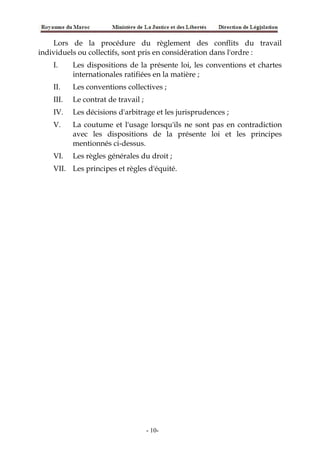 Lors de la procédure du règlement des conflits du travail
individuels ou collectifs, sont pris en considération dans l'ordre :
I. Les dispositions de la présente loi, les conventions et chartes
internationales ratifiées en la matière ;
II. Les conventions collectives ;
III. Le contrat de travail ;
IV. Les décisions d'arbitrage et les jurisprudences ;
V. La coutume et l'usage lorsqu'ils ne sont pas en contradiction
avec les dispositions de la présente loi et les principes
mentionnés ci-dessus.
VI. Les règles générales du droit ;
VII. Les principes et règles d'équité.
-10-
 