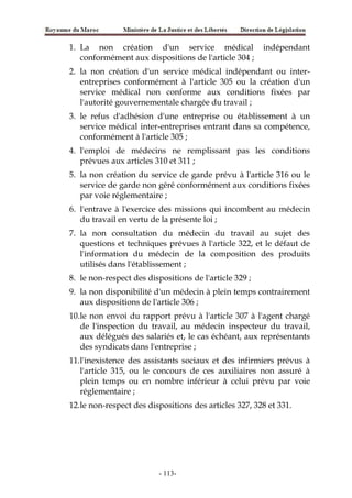 1. La non création d'un service médical indépendant
conformément aux dispositions de l'article 304 ;
2. la non création d'un service médical indépendant ou inter-
entreprises conformément à l'article 305 ou la création d'un
service médical non conforme aux conditions fixées par
l'autorité gouvernementale chargée du travail ;
3. le refus d'adhésion d'une entreprise ou établissement à un
service médical inter-entreprises entrant dans sa compétence,
conformément à l'article 305 ;
4. l'emploi de médecins ne remplissant pas les conditions
prévues aux articles 310 et 311 ;
5. la non création du service de garde prévu à l'article 316 ou le
service de garde non géré conformément aux conditions fixées
par voie réglementaire ;
6. l'entrave à l'exercice des missions qui incombent au médecin
du travail en vertu de la présente loi ;
7. la non consultation du médecin du travail au sujet des
questions et techniques prévues à l'article 322, et le défaut de
l'information du médecin de la composition des produits
utilisés dans l'établissement ;
8. le non-respect des dispositions de l'article 329 ;
9. la non disponibilité d'un médecin à plein temps contrairement
aux dispositions de l'article 306 ;
10.le non envoi du rapport prévu à l'article 307 à l'agent chargé
de l'inspection du travail, au médecin inspecteur du travail,
aux délégués des salariés et, le cas échéant, aux représentants
des syndicats dans l'entreprise ;
11.l'inexistence des assistants sociaux et des infirmiers prévus à
l'article 315, ou le concours de ces auxiliaires non assuré à
plein temps ou en nombre inférieur à celui prévu par voie
réglementaire ;
12.le non-respect des dispositions des articles 327, 328 et 331.
-113-
 