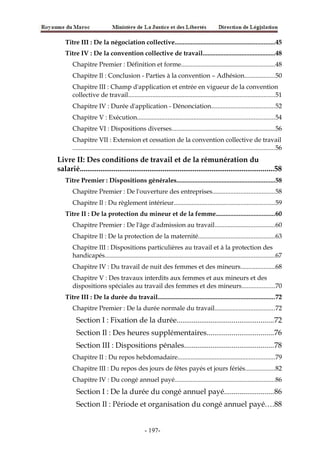 Titre III : De la négociation collective..............................................................45
Titre IV : De la convention collective de travail.............................................48
Chapitre Premier : Définition et forme..........................................................48
Chapitre Il : Conclusion - Parties à la convention – Adhésion...................50
Chapitre III : Champ d'application et entrée en vigueur de la convention
collective de travail...........................................................................................51
Chapitre IV : Durée d'application - Dénonciation.......................................52
Chapitre V : Exécution.....................................................................................54
Chapitre VI : Dispositions diverses................................................................56
Chapitre VII : Extension et cessation de la convention collective de travail
.............................................................................................................................56
Livre II: Des conditions de travail et de la rémunération du
salarié.......................................................................................................58
Titre Premier : Dispositions générales.............................................................58
Chapitre Premier : De l'ouverture des entreprises......................................58
Chapitre Il : Du règlement intérieur..............................................................59
Titre II : De la protection du mineur et de la femme....................................60
Chapitre Premier : De l'âge d'admission au travail.....................................60
Chapitre Il : De la protection de la maternité...............................................63
Chapitre III : Dispositions particulières au travail et à la protection des
handicapés.........................................................................................................67
Chapitre IV : Du travail de nuit des femmes et des mineurs.....................68
Chapitre V : Des travaux interdits aux femmes et aux mineurs et des
dispositions spéciales au travail des femmes et des mineurs....................70
Titre III : De la durée du travail........................................................................72
Chapitre Premier : De la durée normale du travail.....................................72
Section I : Fixation de la durée...................................................72
Section Il : Des heures supplémentaires...................................76
Section III : Dispositions pénales...............................................78
Chapitre II : Du repos hebdomadaire............................................................79
Chapitre III : Du repos des jours de fêtes payés et jours fériés..................82
Chapitre IV : Du congé annuel payé..............................................................86
Section I : De la durée du congé annuel payé..........................86
Section Il : Période et organisation du congé annuel payé....88
-197-
 