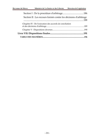 Section I : De la procédure d'arbitrage....................................186
Section II : Les recours formés contre les décisions d'arbitrage
.......................................................................................................188
Chapitre IV : De l'exécution des accords de conciliation
et des décisions d'arbitrage...........................................................................189
Chapitre V : Dispositions diverses...............................................................190
Livre VII: Dispositions finales.........................................................191
TABLE DES MATIÈRES...................................................................................196
-201-
 