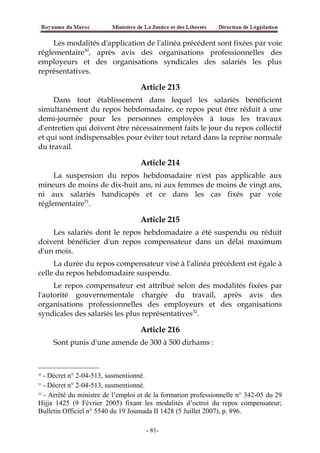 Les modalités d'application de l'alinéa précédent sont fixées par voie
réglementaire30
, après avis des organisations professionnelles des
employeurs et des organisations syndicales des salariés les plus
représentatives.
Article 213
Dans tout établissement dans lequel les salariés bénéficient
simultanément du repos hebdomadaire, ce repos peut être réduit à une
demi-journée pour les personnes employées à tous les travaux
d'entretien qui doivent être nécessairement faits le jour du repos collectif
et qui sont indispensables pour éviter tout retard dans la reprise normale
du travail.
Article 214
La suspension du repos hebdomadaire n'est pas applicable aux
mineurs de moins de dix-huit ans, ni aux femmes de moins de vingt ans,
ni aux salariés handicapés et ce dans les cas fixés par voie
réglementaire31
.
Article 215
Les salariés dont le repos hebdomadaire a été suspendu ou réduit
doivent bénéficier d'un repos compensateur dans un délai maximum
d'un mois.
La durée du repos compensateur visé à l'alinéa précédent est égale à
celle du repos hebdomadaire suspendu.
Le repos compensateur est attribué selon des modalités fixées par
l'autorité gouvernementale chargée du travail, après avis des
organisations professionnelles des employeurs et des organisations
syndicales des salariés les plus représentatives32
.
Article 216
Sont punis d'une amende de 300 à 500 dirhams :
30
- Décret n° 2-04-513, susmentionné.
31
- Décret n° 2-04-513, susmentionné.
32
- Arrêté du ministre de l’emploi et de la formation professionnelle n° 342-05 du 29
Hijja 1425 (9 Février 2005) fixant les modalités d’octroi du repos compensateur;
Bulletin Officiel n° 5540 du 19 Joumada II 1428 (5 Juillet 2007), p. 896.
-81-
 