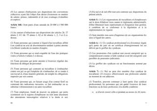 90
(5) Les auteurs d'infractions aux dispositions des conventions
collectives ayant fait l'objet d'un décret d'extension en matière
de salaire, primes, indemnités et de tous avantages évaluables
en espèces.
Article 168.- Sont punis d'une amende de 20 000 à l 500 000
francs:
(1) les auteurs d'infractions aux dispositions des articles 26, 27
alinéa 2, 67, 68, 75 alinéa 1, 82 et 84 alinéas 1, 2, 3 et 4 ci-
dessus.
(2) Toute personne qui commet à l'égard d'un travailleur affilié
à un syndicat un acte de discrimination tendant à porter atteinte
à la liberté syndicale en matière d'emploi.
(3) Toute personne qui se rend coupable de l'une des pratiques
visées à l'article 4 alinéa 2 ci-dessus.
(4) Toute personne qui porte atteinte à l'exercice régulier des
fonctions de délégué du personnel.
(5) Toute personne qui contraint un travailleur à s'embaucher
contre son gré ou qui l'empêche de s'embaucher, de se rendre à
son travail et, d'une manière générale, de remplir les obligations
imposées par son contrat.
(6) Toute personne qui, en faisant usage d'un contrat fictif ou
contenant des indications inexactes, se fait embaucher ou se
substitue volontairement à un autre travailleur.
(7) Tout employeur, fondé de pouvoir ou préposé, qui porte
sciemment sur le registre d'employeur ou tout autre document
des attestations mensongères relatives à la durée et aux
7
(3) Est nul et de nul effet tout acte contraire aux dispositions du
présent article.
Article 5.- (1) Les organisations de travailleurs et d'employeurs
ont le droit d'élaborer leurs statuts et règlements administratifs,
d'élire librement leurs représentants et d'organiser leur gestion,
à condition de se conformer à la législation et à la
réglementation en vigueur.
(2) Sont interdits tous actes d'ingérence de ces organisations les
unes à l'égard des autres.
Article 6.- (1) Un syndicat professionnel n'a d'existence légale
qu'à partir du jour où un certificat d'enregistrement lui est
délivré par le greffier des syndicats.
(2) Les promoteurs d'un syndicat non encore enregistré qui se
comporteraient comme si ledit syndicat avait été enregistré sont
passibles de poursuites judiciaires.
(3) Le greffier des syndicats est un fonctionnaire nommé par
décret.
Article 7.- (1) Nul ne peut être membre d'un syndicat de
travailleurs s'il n'exerce effectivement une profession salariée
au moment de son adhésion.
(2) Toutefois, peuvent continuer à faire partie d'un syndicat
professionnel, les personnes qui ont quitté l'exercice de leurs
fonctions ou de leurs profession, à la double condition:
• a) d'avoir exercé celle-ci pendant au moins six (6) mois;
 