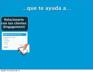 …que te ayuda a…

  Relacionarte
con tus clientes
 (Engagement)




sábado 14 de enero de 12
 