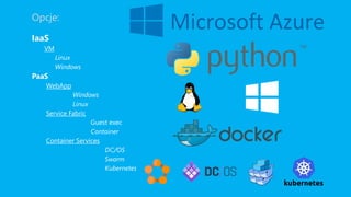 Opcje:
IaaS
VM
Linux
Windows
PaaS
WebApp
Windows
Linux
Service Fabric
Guest exec
Container
Container Services
DC/OS
Swarm
Kubernetes
 