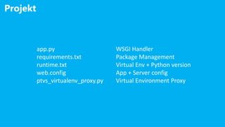 Projekt
app.py
requirements.txt
runtime.txt
web.config
ptvs_virtualenv_proxy.py
WSGI Handler
Package Management
Virtual Env + Python version
App + Server config
Virtual Environment Proxy
 
