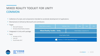 HOLOBASICS 12
MIXED REALITY TOOLKIT FOR UNITY
COMMON
 Collection of scripts and components intended to accelerate development of applications
 Maintained on GitHub by Microsoft and contributors
 Target
 Microsoft HoloLens
 Windows Mixed Reality headsets
 Integrated in Unity with package
 Tools
 Windows 10 FCU
 Unity 3D
 Visual Studio 2017
 
