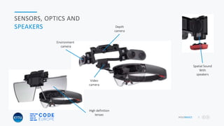 HOLOBASICS 9
SENSORS, OPTICS AND
SPEAKERS
Environment
camera
Depth
camera
Video
camera
Spatial Sound
With
speakers
High definition
lenses
 