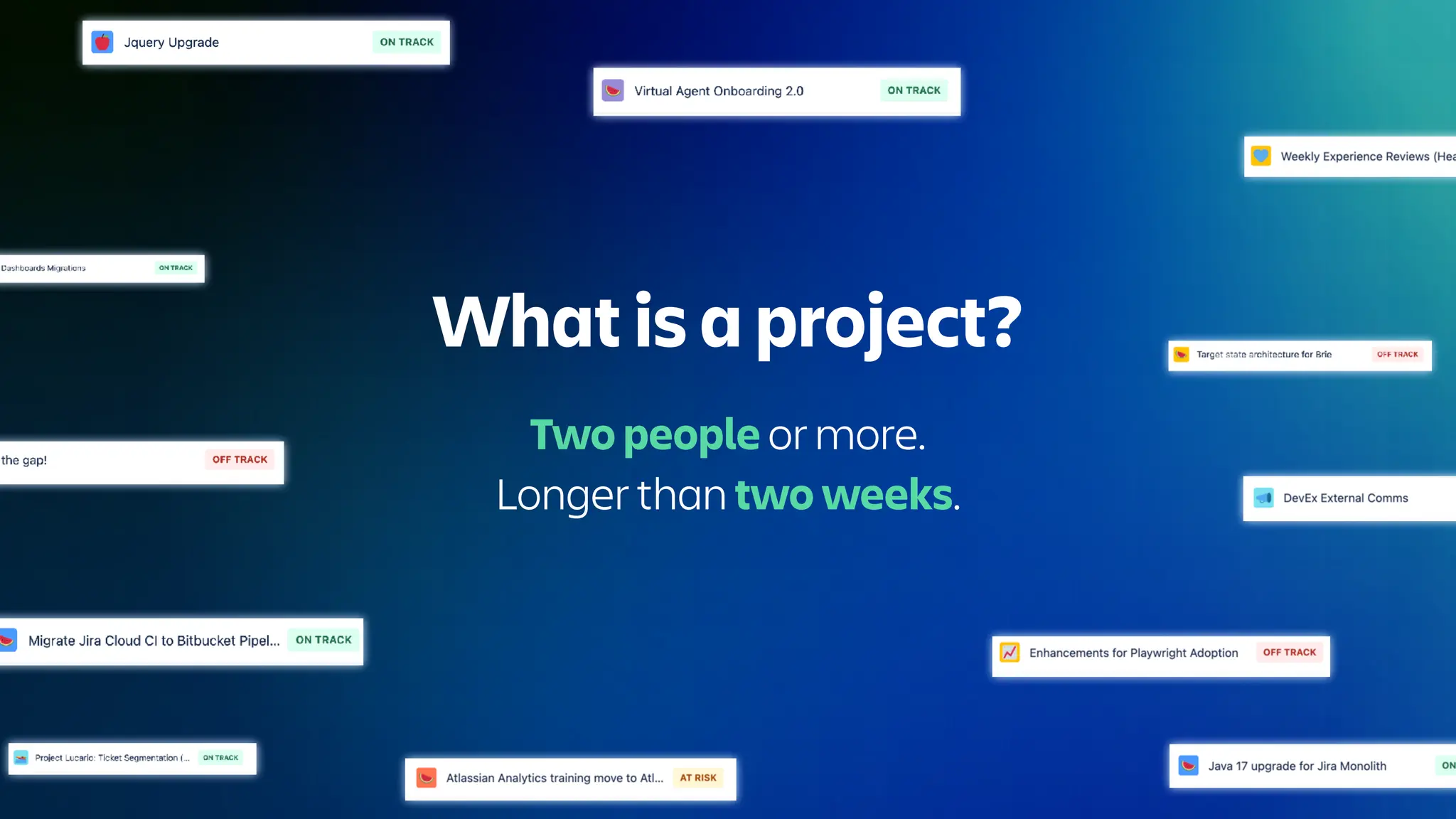 What is a project?
Two people or more.
Longer than two weeks.
 