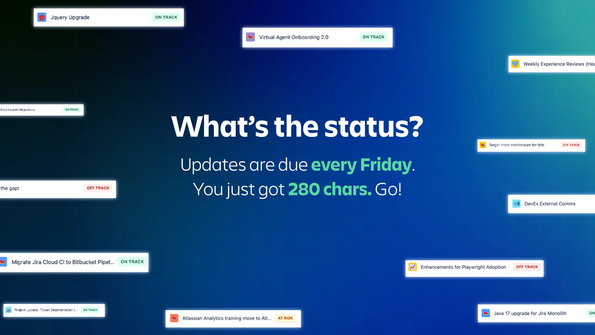 What’s the status?
Updates are due every Friday.
You just got 280 chars. Go!
 