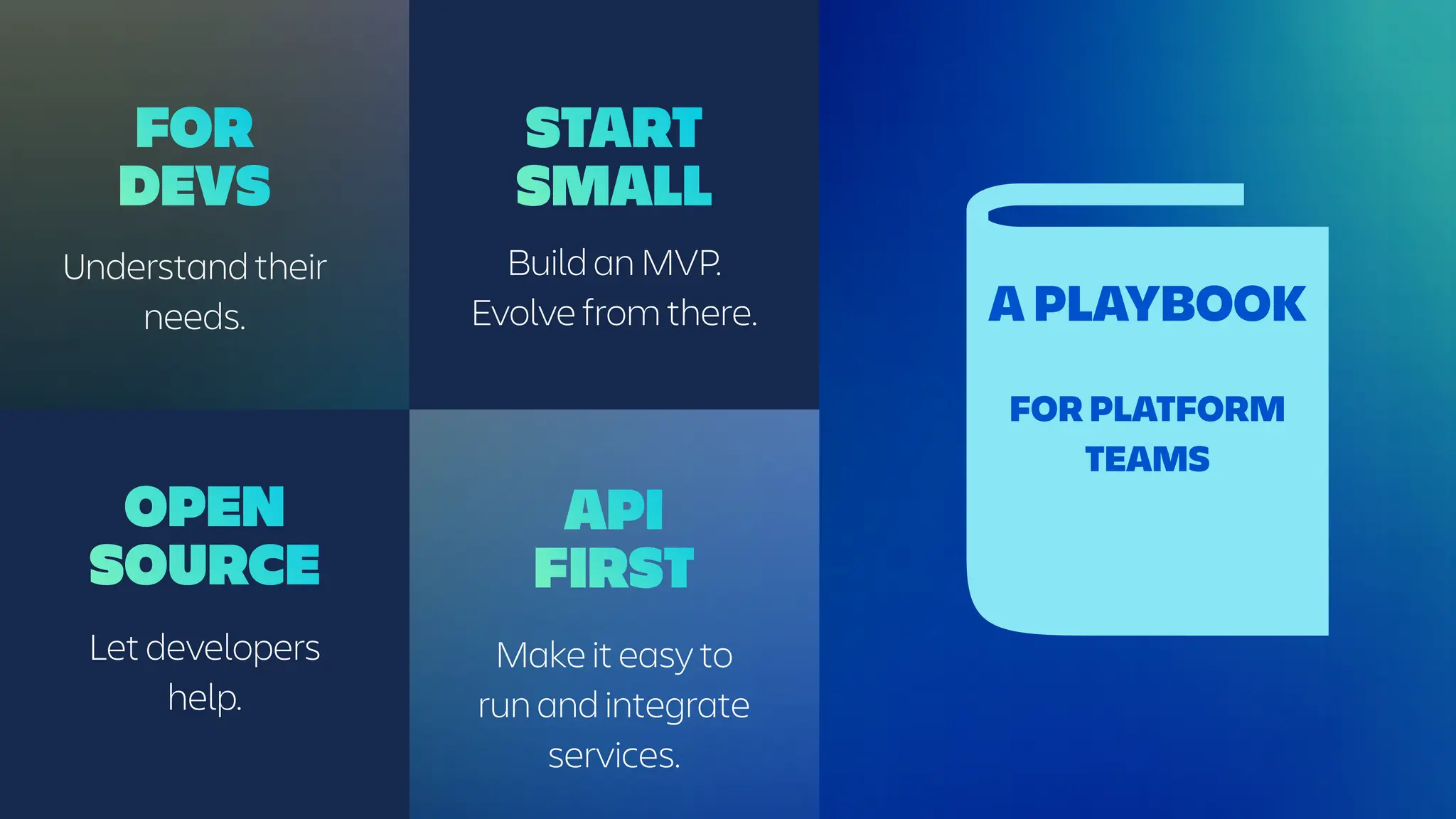 A PLAYBOOK
FOR
DEVS
Understand their
needs.
START
SMALL
Build an MVP.
Evolve from there.
API
FIRST
Make it easy to
run and integrate
services.
OPEN
SOURCE
Let developers
help.
FOR PLATFORM
TEAMS
 