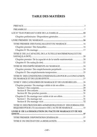 -149-
TTAABBLLEE DDEESS MMAATTIIÈÈRREESS
PREFACE................................................................................................................... 3
PREAMBULE............................................................................................................ 7
LOI N° 70-03 PORTANT CODE DE LA FAMILLE .............................................. 15
Chapitre préliminaire Dispositions générales............................................... 15
LIVRE PREMIER DU MARIAGE ........................................................................... 16
TITRE PREMIER DES FIANÇAILLES ET DU MARIAGE............................... 16
Chapitre premier Des fiançailles..................................................................... 16
Chapitre II Du mariage..................................................................................... 17
TITRE II DE LA CAPACITE, DE LA TUTELLE MATRIMONIALE ET DU
SADAQ (LA DOT).................................................................................................. 20
Chapitre premier De la capacité et de la tutelle matrimoniale................... 20
Chapitre II Du sadaq (la dot)........................................................................... 22
TITRE III DES EMPÊCHEMENTS AU MARIAGE ........................................... 24
Chapitre premier Des empêchements perpétuels ........................................ 24
Chapitre II Des empêchements temporaires ................................................. 25
TITRE IV DES CONDITIONS CONSENSUELLES POUR LA CONCLUSION
DU MARIAGE ET DE LEURS EFFETS................................................................ 27
TITRE V DES CATEGORIES DE MARIAGE ET DE LEURS REGLES............ 28
Chapitre premier Du mariage valide et de ses effets................................... 28
Section I Des conjoints................................................................................... 29
Section II Des enfants .................................................................................... 30
Section III Des proches parents.................................................................... 31
Chapitre II Du mariage non valide et de ses effets....................................... 31
Section I Du mariage nul ............................................................................. 31
Section II Du mariage vicié........................................................................... 32
TITRE VI DES PROCEDURES ADMINISTRATIVES ET DES FORMALITES
REQUISES POUR L’ETABLISSEMENT DE L’ACTE DE MARIAGE ................... 33
LIVRE II DE LA DISSOLUTION DU PACTE DE MARIAGE ET DE SES
EFFETS........................................................................................................................ 37
TITRE PREMIER DISPOSITIONS GENERALES .............................................. 37
TITRE II DU DECES ET DE LA RESILIATION ................................................. 38
 