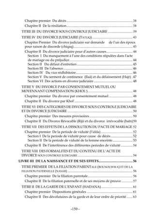 -150-
Chapitre premier Du décès .............................................................................. 38
Chapitre II De la résiliation.............................................................................. 38
TITRE III DU DIVORCE SOUS CONTROLE JUDICIAIRE ............................. 39
TITRE IV DU DIVORCE JUDICIAIRE (TATLIQ)................................................ 43
Chapitre Premier Du divorce judiciaire sur demande de l’un des époux
pour raison de discorde (chiqaq)...................................................................... 43
Chapitre II Du divorce judiciaire pour d’autres causes............................... 44
Section I Du manquement à l’une des conditions stipulées dans l'acte
de mariage ou du préjudice........................................................................... 44
Section II Du défaut d'entretien.................................................................. 45
Section III De l'absence.................................................................................. 46
Section IV Du vice rédhibitoire................................................................... 46
Section V Du serment de continence (Ilaâ) et du délaissement (Hajr) . 47
Section VI Des actions en divorce judiciaire.............................................. 48
TITRE V DU DIVORCE PAR CONSENTEMENT MUTUEL OU
MOYENNANT COMPENSATION (KHOL')..................................................... 48
Chapitre premier Du divorce par consentement mutuel ............................ 48
Chapitre II Du divorce par Khol'..................................................................... 48
TITRE VI DES CATEGORIES DE DIVORCE SOUS CONTROLE JUDICIAIRE
ET DE DIVORCE JUDICIAIRE ............................................................................. 50
Chapitre premier Des mesures provisoires................................................... 50
Chapitre II Du Divorce Révocable (Rijii et du divorce irrévocable (baïn)50
TITRE VII DES EFFETS DE LA DISSOLUTION DU PACTE DE MARIAGE 52
Chapitre premier De la periode de viduité (l’idda) ..................................... 52
Section I De la periode de viduité pour cause de décès.......................... 52
Section II De la periode de viduité de la femme enceinte........................ 53
Chapitre II De l’interférence des différentes periodes de viduité.............. 54
TITRE VIII DES FORMALITES ET DU CONTENU DE L’ACTE DE
DIVORCE SOUS CONTROLE JUDICIAIRE ................................................................. 54
LIVRE III DE LA NAISSANCE ET DE SES EFFETS........................................ 56
TITRE PREMIER DE LA FILIATION PARENTALE (BOUNOUWWA) ET DE LA
FILIATION PATERNELLE (NASAB) ............................................................................. 56
Chapitre premier De la filiation parentale..................................................... 56
Chapitre II De la filiation paternelle et de ses moyens de preuve ............. 57
TITRE II DE LA GARDE DE L’ENFANT (HADANA)..................................... 61
Chapitre premier Dispositions générales ...................................................... 61
Chapitre II Des dévolutaires de la garde et de leur ordre de priorité ....... 63
 