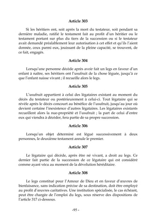 -95-
Article 303
Si les héritiers ont, soit après la mort du testateur, soit pendant sa
dernière maladie, ratifié le testament fait au profit d’un héritier ou le
testament portant sur plus du tiers de la succession ou si le testateur
avait demandé préalablement leur autorisation à cet effet et qu’ils l’aient
donnée, ceux parmi eux, jouissant de la pleine capacité, se trouvent, de
ce fait, engagés.
Article 304
Lorsqu’une personne décède après avoir fait un legs en faveur d’un
enfant à naître, ses héritiers ont l’usufruit de la chose léguée, jusqu’à ce
que l’enfant naisse vivant ; il recueille alors le legs.
Article 305
L’usufruit appartient à celui des légataires existant au moment du
décès du testateur ou postérieurement à celui-ci. Tout légataire qui se
révèle après le décès concourt au bénéfice de l’usufruit, jusqu’au jour où
devient certaine l’inexistence d’autres légataires. Les légataires existants
recueillent alors la nue-propriété et l’usufruit ; la part de celui d’entre
eux qui viendra à décéder, fera partie de sa propre succession.
Article 306
Lorsqu’un objet déterminé est légué successivement à deux
personnes, le deuxième testament annule le premier.
Article 307
Le légataire qui décède, après être né vivant, a droit au legs. Ce
dernier fait partie de la succession de ce légataire qui est considéré
comme ayant vécu au moment de la dévolution héréditaire.
Article 308
Le legs constitué pour l’Amour de Dieu et en faveur d’œuvres de
bienfaisance, sans indication précise de sa destination, doit être employé
au profit d’œuvres caritatives. Une institution spécialisée, le cas échéant,
peut être chargée de l’emploi du legs, sous réserve des dispositions de
l’article 317 ci-dessous.
 