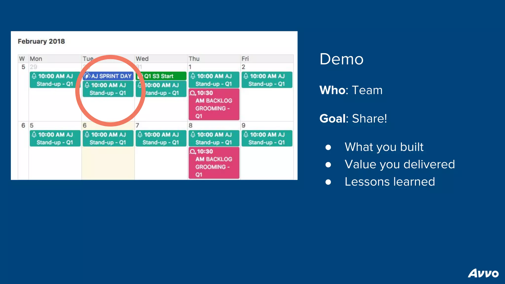 Demo
Who: Team
Goal: Share!
● What you built
● Value you delivered
● Lessons learned
 