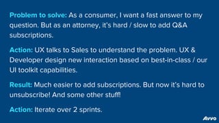Problem to solve: As a consumer, I want a fast answer to my
question. But as an attorney, it’s hard / slow to add Q&A
subscriptions.
Action: UX talks to Sales to understand the problem. UX &
Developer design new interaction based on best-in-class / our
UI toolkit capabilities.
Result: Much easier to add subscriptions. But now it’s hard to
unsubscribe! And some other stuff!
Action: Iterate over 2 sprints.
 