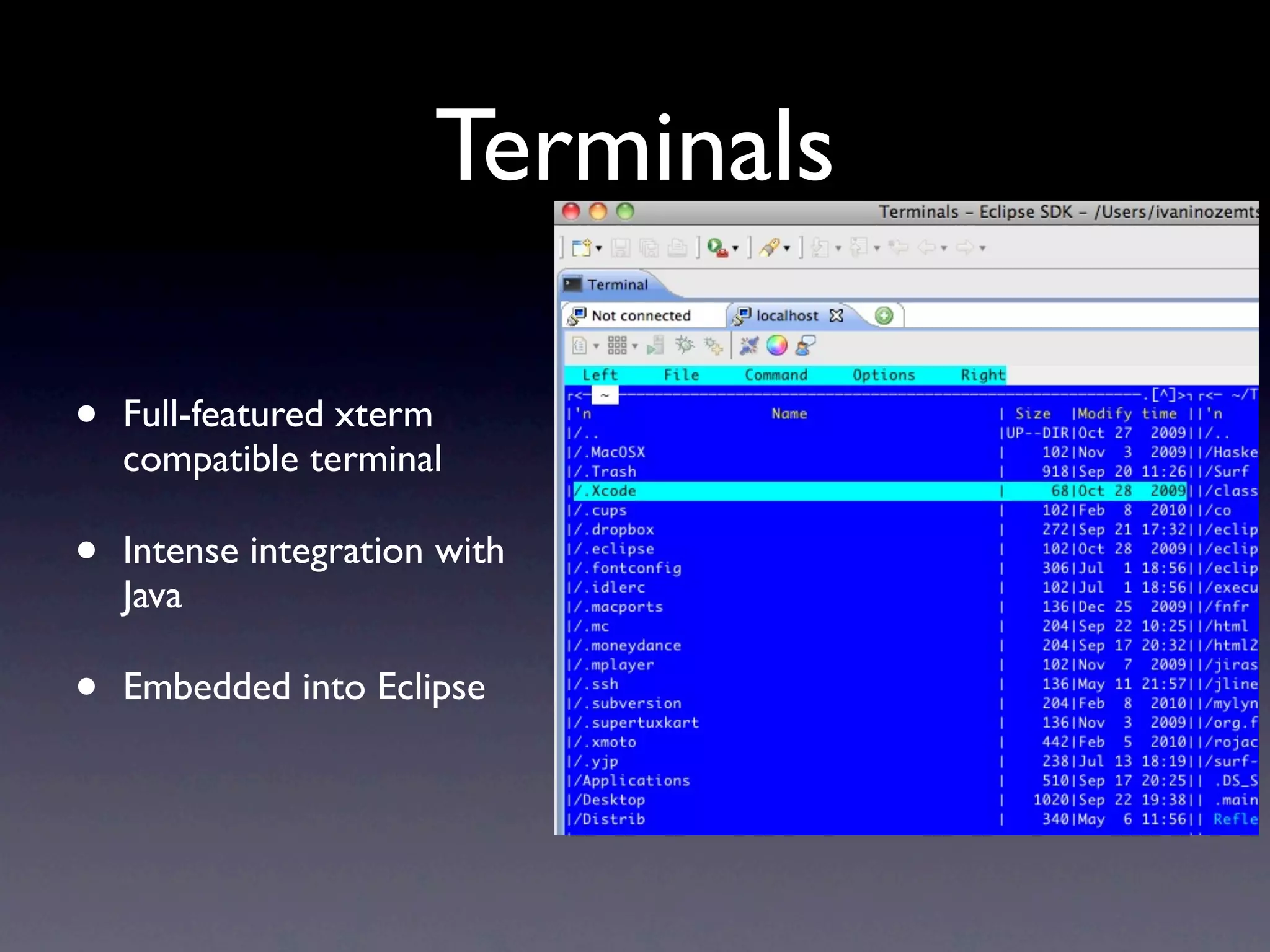 Terminals

•   Full-featured xterm
    compatible terminal

•   Intense integration with
    Java

•   Embedded into Eclipse
 