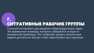 Г.
СИТУАТИВНЫЕ РАБОЧИЕ ГРУППЫ
Сильный инструмент для решения общепродуктовых задач.
Это временные команды, которые собираются исходя из
конкретной проблемы. Это позволяет решать нетипичные
задачи достаточно быстро и без перестройки орг.структуры.
 