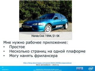 Honda Civic 1994, $1-5K

  Мне нужно рабочее приложение:
  • Простое
  • Несколько страниц на одной плаформе
  • Могу нанять фрилансера
            http://blog.darwinapps.com/post/36041399961/appcostscar
                            Фото автомобиля – drom.ru
52
                             Copyright© 2012, Intel Corporation. All rights reserved.
3/30/2013              *Other brands and names are the property of their respective owners.
 