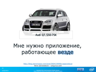 Audi Q7, $50-75K



            Мне нужно приложение,
              работающее везде
               http://blog.darwinapps.com/post/36041399961/appcostscar
                            Фото автомобиля – cargurus.com
54
                                Copyright© 2012, Intel Corporation. All rights reserved.
3/30/2013                 *Other brands and names are the property of their respective owners.
 