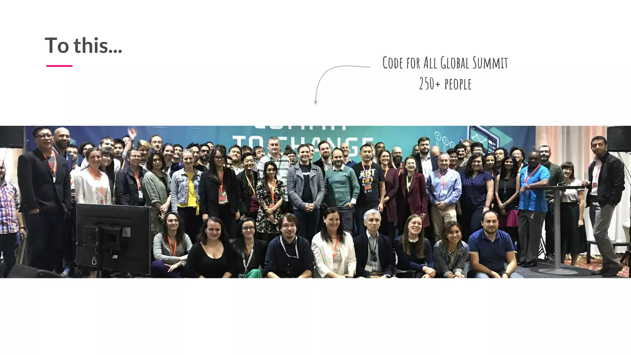 11
To this...
Code for All Global Summit
250+ people
 