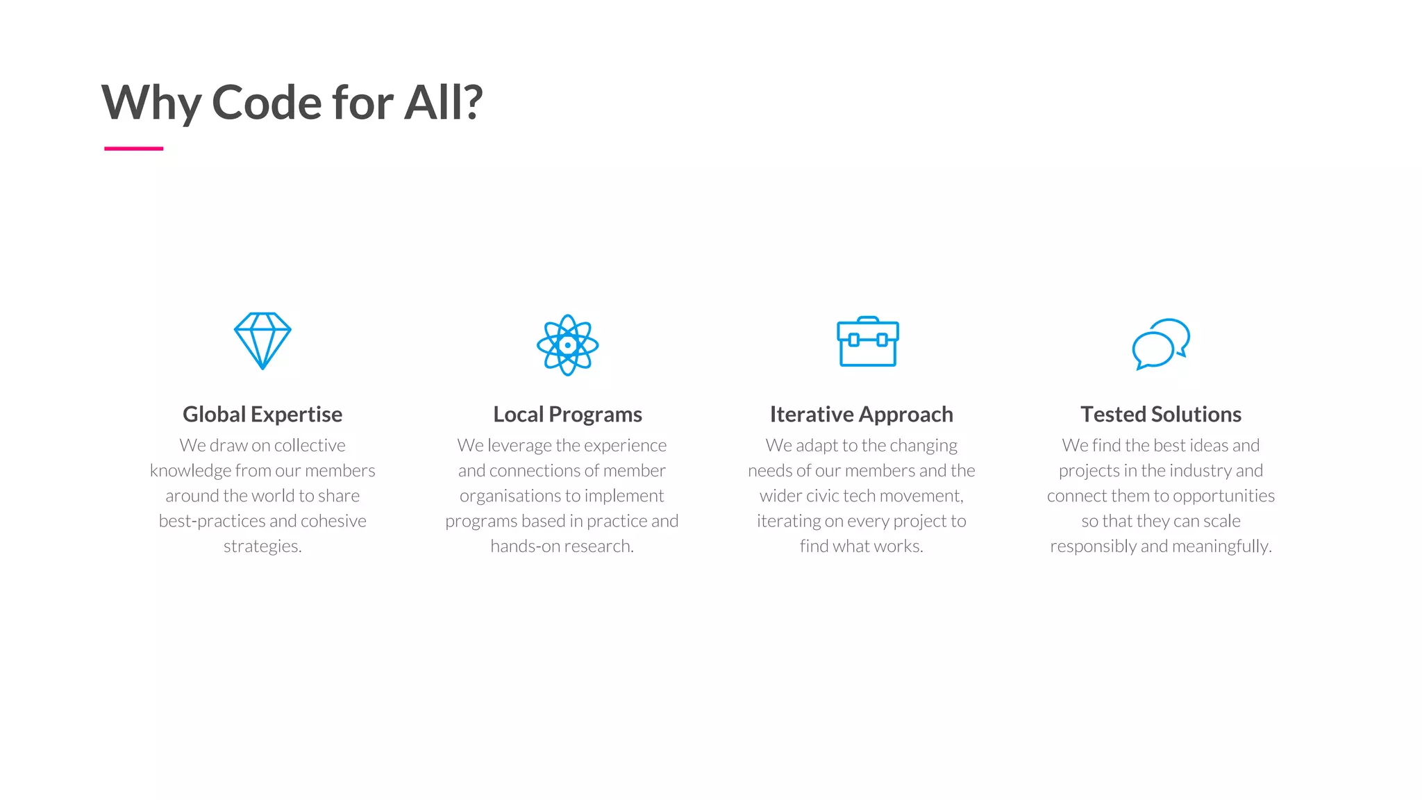 3
Global Expertise
We draw on collective
knowledge from our members
around the world to share
best-practices and cohesive
strategies.
Local Programs
We leverage the experience
and connections of member
organisations to implement
programs based in practice and
hands-on research.
Why Code for All?
Iterative Approach
We adapt to the changing
needs of our members and the
wider civic tech movement,
iterating on every project to
find what works.
Tested Solutions
We find the best ideas and
projects in the industry and
connect them to opportunities
so that they can scale
responsibly and meaningfully.
 