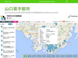 山口県宇部市
2015/11/05 CC-BY Sayoko Shimoyama 22
http://citydata.jp/山口県/宇部市/宇部市のAED設置施設/rdf1s2286i/ube_aed.html
 