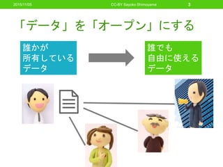 「データ」を「オープン」にする
2015/11/05 CC-BY Sayoko Shimoyama 3
誰かが
所有している
データ
誰でも
自由に使える
データ
 