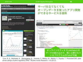 40
*Cox, R. S., Nishikata, K. , Shimoyama, S. , Yoshida, Y., Matsui, M., Makita, Y., Toyoda, T. “PromoterCAD: data-
driven design of plant regulatory DNA”. Nucleic Acids Research, 1-6 (2013).
CC-BY Sayoko Shimoyama
サーバを立てなくても
オープンデータを使ったアプリ開発
ができるサービスを提供
2015/11/05
オンラインエディタでLinkData上の
データの読み込みや、既に公開されて
いるプログラムのForkが可能
 