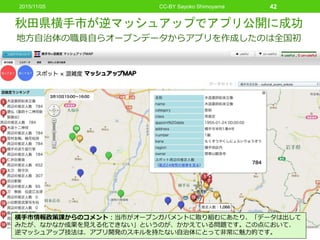 秋田県横手市が逆マッシュアップでアプリ公開に成功
CC-BY Sayoko Shimoyama 42
地方自治体の職員自らオープンデータからアプリを作成したのは全国初
横手市情報政策課からのコメント：当市がオープンガバメントに取り組むにあたり、「データは出して
みたが、なかなか成果を見える化できない」というのが、かかえている問題です。この点において、
逆マッシュアップ技法は、アプリ開発のスキルを持たない自治体にとって非常に魅力的です。
2015/11/05
 