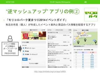 “逆マッシュアップ” アプリの例②
• 「モリコロパーク夏まつり2014イベントガイド」
有志の市民（個人）が作成したイベント案内と周辺のバス情報を配信するアプリ
2015/11/05 CC-BY Sayoko Shimoyama 45
http://app.linkdata.org/run/app1s660i
イベント情報・
バス情報の
オープンデータ
作成
（有志の市民）
 