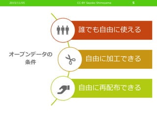 オープンデータの
条件
2015/11/05 CC-BY Sayoko Shimoyama 5
誰でも自由に使える
自由に加工できる
自由に再配布できる
 
