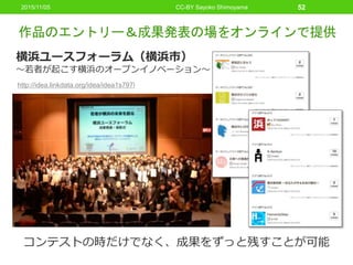 作品のエントリー＆成果発表の場をオンラインで提供
CC-BY Sayoko Shimoyama 52
コンテストの時だけでなく、成果をずっと残すことが可能
横浜ユースフォーラム（横浜市）
〜若者が起こす横浜のオープンイノベーション〜
2015/11/05
http://idea.linkdata.org/idea/idea1s797i
 