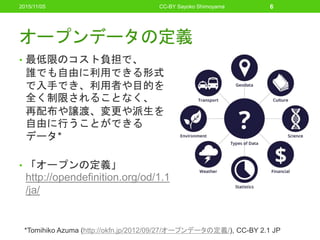 オープンデータの定義
• 最低限のコスト負担で、
誰でも自由に利用できる形式
で入手でき、利用者や目的を
全く制限されることなく、
再配布や譲渡、変更や派生を
自由に行うことができる
データ*
• 「オープンの定義」
http://opendefinition.org/od/1.1
/ja/
*Tomihiko Azuma (http://okfn.jp/2012/09/27/オープンデータの定義/), CC-BY 2.1 JP
CC-BY Sayoko Shimoyama 62015/11/05
 