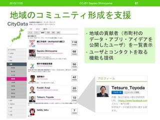 地域のコミュニティ形成を支援
• 地域の貢献者（市町村の
データ・アプリ・アイデアを
公開したユーザ）を一覧表示
• ユーザとコンタクトを取る
機能も提供
CC-BY Sayoko Shimoyama 612015/11/05
 