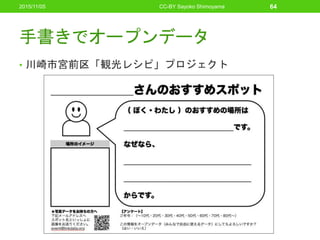 手書きでオープンデータ
• 川崎市宮前区「観光レシピ」プロジェクト
2015/11/05 CC-BY Sayoko Shimoyama 64
 