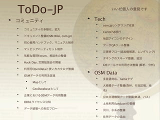 ToDo-JP
コミュニティ

いいだ個人の意見です

Tech
osm.jpレンダリング改良

コミュニティの多様化、拡大
ドキュメント整備(OSM Wiki, osm.jp)
初心者用ハンドブック、マニュアル制作
マッピングパーティセット制作
気軽な質問Forum、相談先の整備
Hack Day, 定期勉強会の開催
利用可OpenDataと使い方カタログ整備
OSMデータの利用法促進

CartoCSS移行
地図アイコンのデザイン
データQAツール整備
災害時フロー(追加情報源、レンダリング)
タギングのスキーマ整備、追加
GISツールでの利用方法整備 (解析、分析)

OSM Data
多言語対応、nameタグ

Mapとして
大規模データ整備(森林、行政区境、地
GeoDatabaseとして
企業におけるOSMデータ利用整備
ODbLライセンス公知
データ破壊への対応フロー

名)
公共交通機関データ整備(鉄道、バス)
土地利用(landuse)の整備
河川、水系の整備
住所データの追加

 
