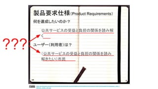 https://ja.wikipedia.org/wiki/%E3%83%8E%E3%83%BC%E3%83%88%E3%83%96%E3%83%83%E3%82%AF#/media/File:Moleskine_ruled_n
otebook,_inside_view.jpg
製品要求仕様（Product Requirements）
何を達成したいのか？
公共サービスの受益と負担の関係を読み解
く
ユーザー（利用者）は？
（公共サービスの受益と負担の関係を読み
解きたい）市民
 
