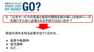 3) 「公共サービスの受益と負担の関係を読み解く」は他のニーズ
を満たすために必要となる手段ではないのか？
税金の流れを知る必要が出てくるのは…
● 転居や転勤時
● 地方選挙
● など…
 
