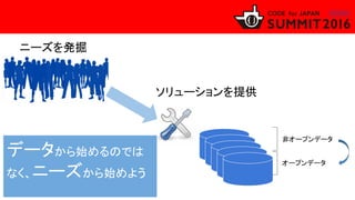ニーズを発掘
ソリューションを提供
非オープンデータ
オープンデータ
データから始めるのでは
なく、ニーズから始めよう
 
