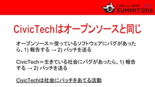 オープンソース＝使っているソフトウェアにバグがあった
ら、1) 報告する → 2) パッチを送る
CivicTech＝生きている社会にバグがあったら、1) 報告
する → 2) パッチを送る
CivicTechは社会にパッチをあてる活動
 