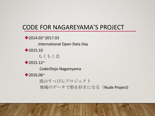 CODE	
  FOR	
  NAGAREYAMA’S	
  PROJECT
u2014.02~2017.03
International	
  Open	
  Data	
  Day
u2015.10
もくもく会
u2015.12~
CoderDojo	
  Nagareyama
u2016.06~
流山すっぴんプロジェクト
地域のデータで街を好きになる（Nude	
  Project)
 