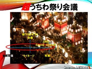 超うちわ祭り会議
超うちわまつり
会議
動画配信 サイネ―ジ 写真、、、
ＳＮＳ
Ｓｏｃｉａｌ Ｓｔｒｅａｍ
 
