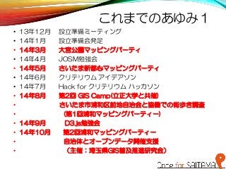 これまでのあゆみ１
• 13年12月 設立準備ミーティング
• 14年1月 設立準備会発足
• 14年3月 大宮公園マッピングパーティ
• 14年4月 JOSM勉強会
• 14年5月 さいたま新都心マッピングパーティ
• 14年6月 クリテリウム アイデアソン
• 14年7月 Hack for クリテリウム ハッカソン
• 14年8月 第2回 GIS Camp(立正大学と共催)
• さいたま市浦和区前地自治会と協働での街歩き調査
• (第1回浦和マッピングパーティー)
• 14年9月 D3.js勉強会
• 14年10月 第2回浦和マッピングパーティー
• 自治体とオープンデータ開催支援
• （主催：埼玉県GIS普及推進研究会）
 