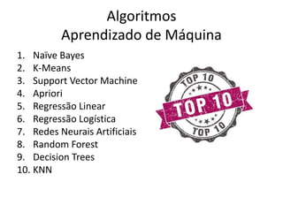 Algoritmos
Aprendizado de Máquina
1. Naïve Bayes
2. K-Means
3. Support Vector Machine
4. Apriori
5. Regressão Linear
6. Regressão Logística
7. Redes Neurais Artificiais
8. Random Forest
9. Decision Trees
10. KNN
 