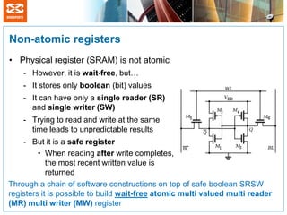 Non-atomic registers
• Physical register (SRAM) is not atomic
    - However, it is wait-free, but…
    - It stores only boolean (bit) values
    - It can have only a single reader (SR)
      and single writer (SW)
    - Trying to read and write at the same
      time leads to unpredictable results
    - But it is a safe register
         • When reading after write completes,
            the most recent written value is
            returned
Through a chain of software constructions on top of safe boolean SRSW
registers it is possible to build wait-free atomic multi valued multi reader
(MR) multi writer (MW) register
 