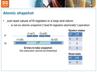 Atomic shapshot

• Just read values of N registers in a loop and return
     - is not an atomic snapshot (“read N registers atomically”) operation
                                                        System states
                      r1.w(1)       r2.w(2)             r1    r2
 P
            r1.r(0)                           r2.r(2)   0     0
 Q                              ?                       1     0
                    Q tries to take snapshot:           1     2
               this execution cannot be linearized
                                                        Read state
                                                        r1    r2
                                                        0     2
 