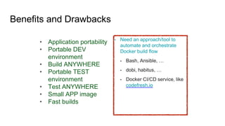 Benefits and Drawbacks
• Application portability
• Portable DEV
environment
• Build ANYWHERE
• Portable TEST
environment
• Test ANYWHERE
• Small APP image
• Fast builds
• Need an approach/tool to
automate and orchestrate
Docker build flow
• Bash, Ansible, …
• dobi, habitus, …
• Docker CI/CD service, like
codefresh.io
 